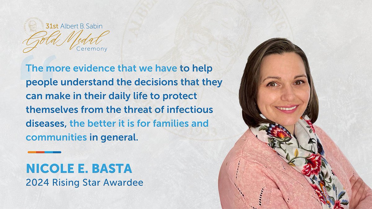 2024 Sabin Rising Star Nicole Basta (@IDEpiPhD) is a prolific researcher and scholar whose insights have contributed to actionable strategies for disease prevention and control. Read more about her contributions: sabin.org/events/2024-al…