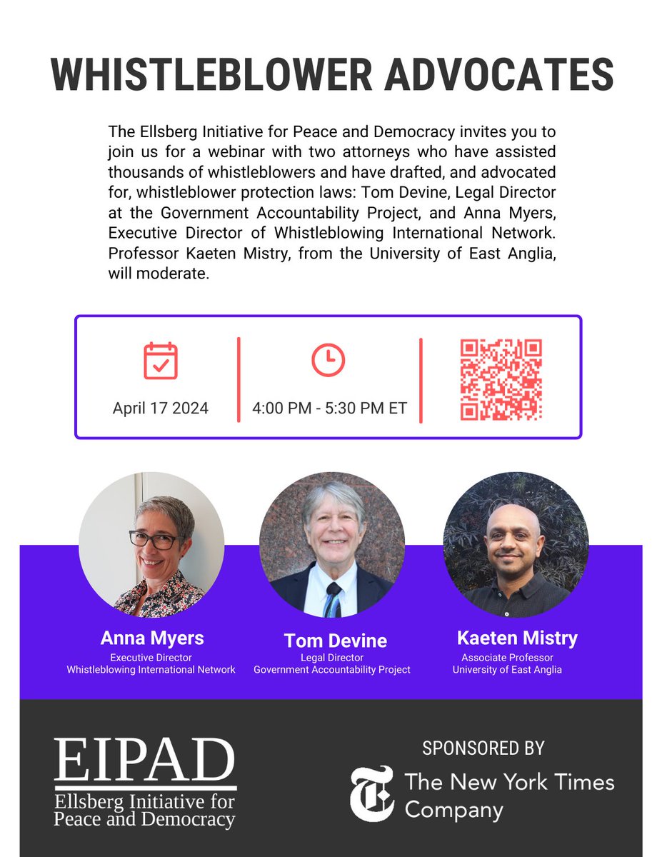 Join us this afternoon at 4pm for the final webinar of #EllsbergConference2024: Whistleblower Advocates, sponsored by @nytimes. 

Register: zoom.us/webinar/regist…