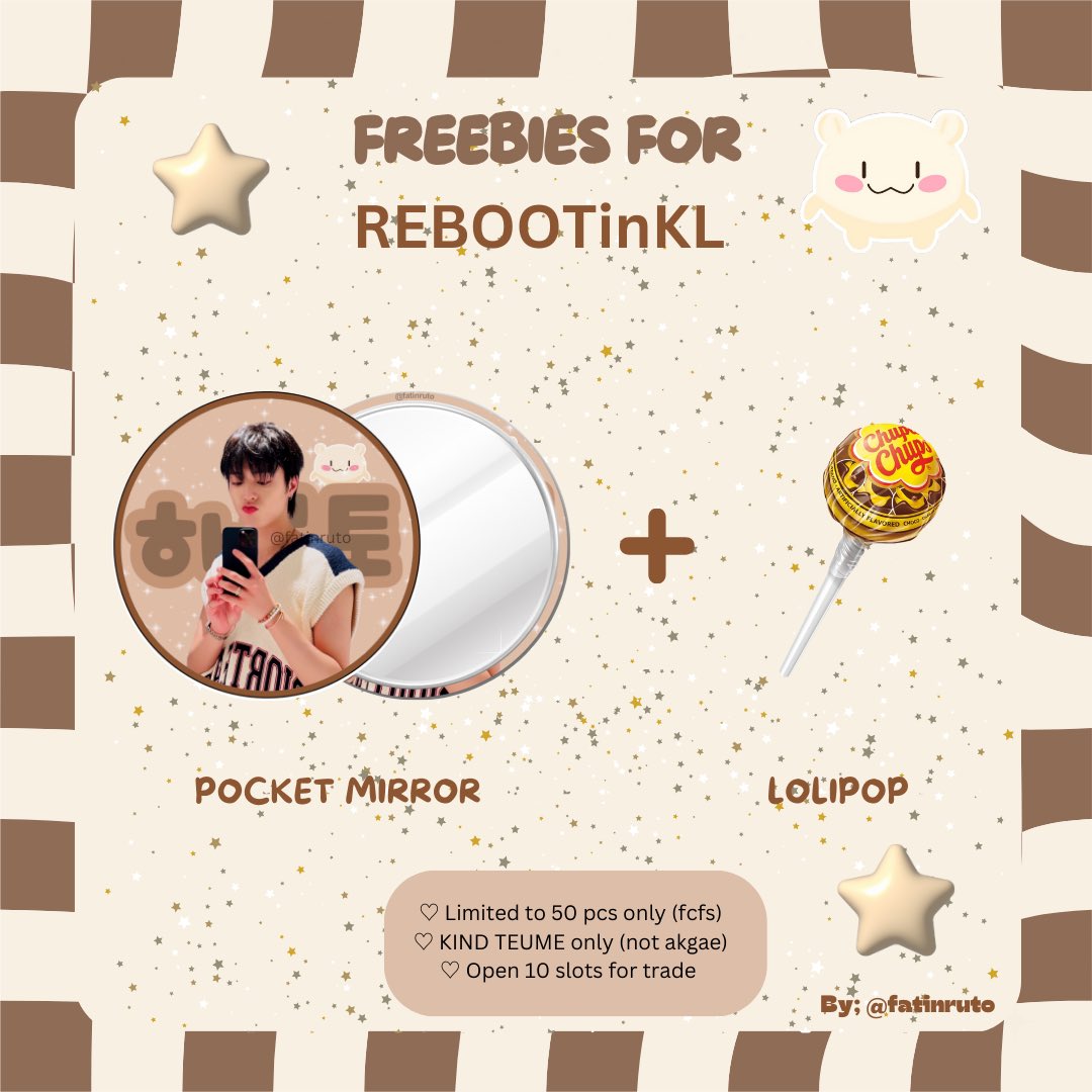 fatinruto's tweet photo. Freebies from fatinruto  ⋆˚ʚɞ

Haruto pocket mirror ⋆𐙚₊˚⊹

📍: Axiata Arena
🗓️: 22.6.2024
🕐: TBA 

Rules ♡ 
✮ : only for Kind Teume (not akgae) 
✮ : 50 pcs only (fcfs) 
✮ : open 10 slots only  for trade 

#REBOOTinKL #TREASUREinKL https://t.co/xOMhV0qS7b