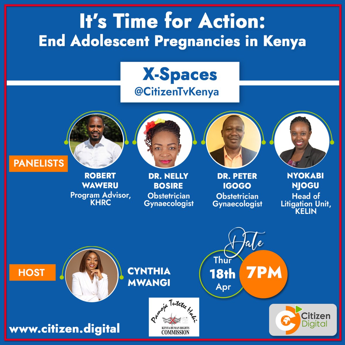 What can be done to put an end to cases of teenage pregnancies in Kenya? Listen to #CitizenDigital X spaces this Thursday as we engage @TheKHRC in this important discussion & how its Red Card campaign seeks to deal with the crisis. Hosted by @cynthiawmwangi