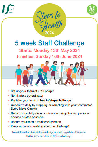 Final call for registrations for Steps to Health challenge. Registration closes Friday 3rd May. Register your team now and get ready to have fun connecting and walking with your colleagues.

To register click: hse.ie/stepschallenge/ @SouthEastCH #HSEStepsChallenge @SouthEastCH