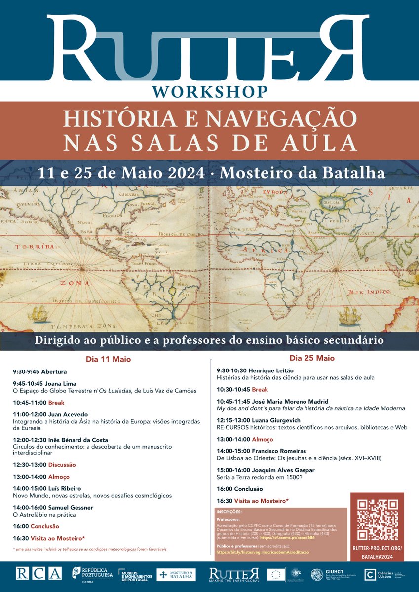 Teach RUTTER at school! 📚 #Training course for #teachers on the updated historiographical view of #global #navigations in the 16th and 17th centuries. More info: rutter-project.org/batalha2024/ @ciuhct @ERC_Research @ULisboa_ @cienciasulisboa #learningtools #history #MosteiroDaBatalha