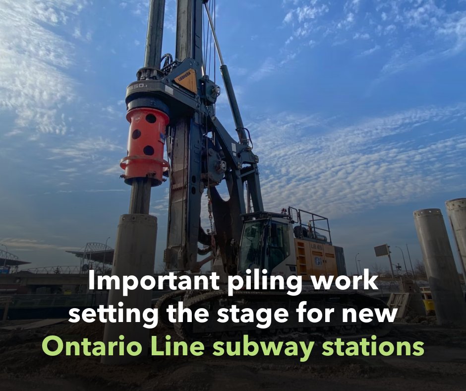 The @OntarioLine is a brand-new subway line being built in Toronto, expected to reduce crowding at major transit hubs. Piling work is now underway to get the line built. Learn more about piling and the Ontario Line here: bit.ly/4atK9Sp