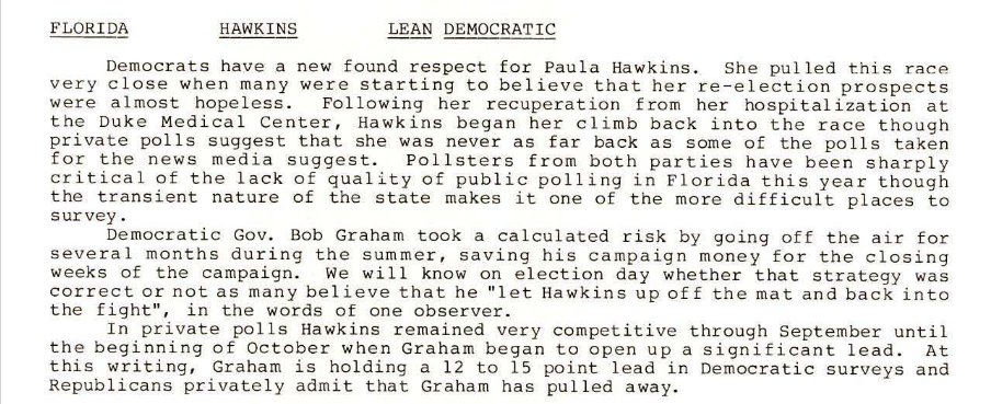 Sen. Bob Graham (D) died yesterday at age 87. In 1986, Graham — then a popular governor — unseated GOP Sen. Paula Hawkins. With broad appeal among white and Black voters, he coasted to a 55%-45% win. Here's what we wrote on the eve of his 1986 victory: cookpolitical.com/analysis/natio…