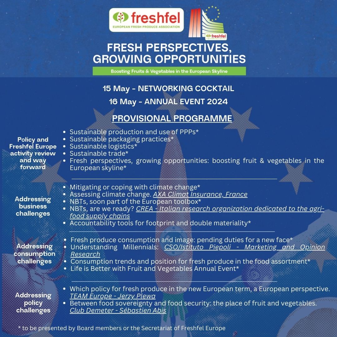Join the Freshfel Annual Event 2024 on 15-16 May 2024 in Paris! 🇫🇷
• 15/5 – Networking Cocktail
• 16/5 – AGM &amp; Freshfel Europe Annual Event 2024

📃Registration: ow.ly/8ZE650Ribs2
👉Thanks to our sponsors: ow.ly/La8Y50Ribs6
➡️More info: ow.ly/3Ztp50Ribs7