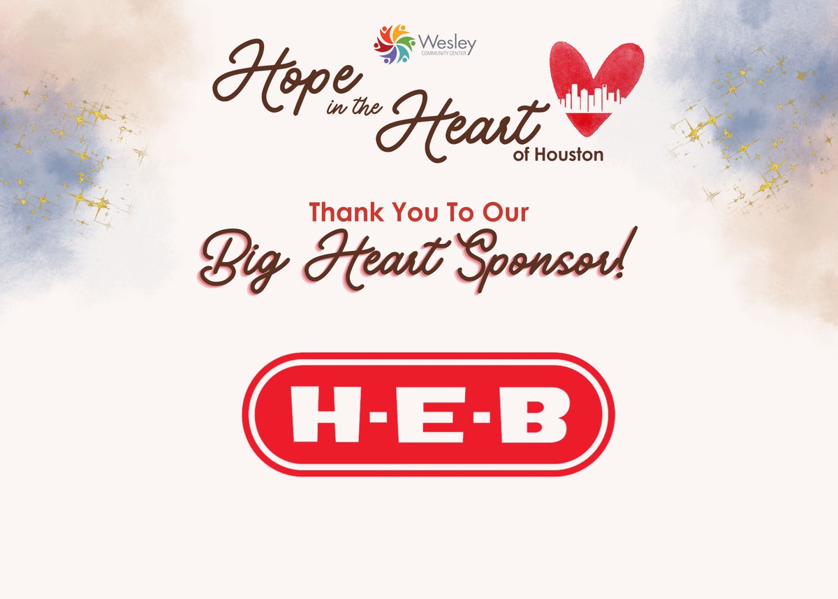 Our Hope in the Heart is only ONE week away! We want to thank our amazing Big Heart Sponsor @HEB for their generous support! There is still time to get your tickets/sponsorships, click the link to get yours! wesleyhousehouston.org/event/hope-202… #WesleyEmpowers #HoustonEvents #HoustonNonprofit
