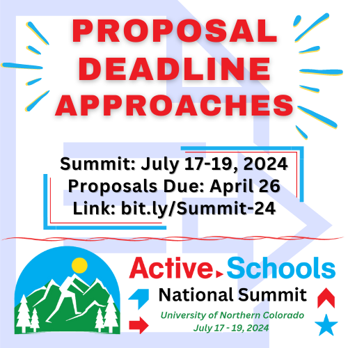 ATTENTION #PhysicalActivity Champions! The deadline to submit a proposal to present at the Active Schools National Summit is less than 10 DAYS AWAY! Submission Link: bit.ly/Summit-24 Details: activeschoolsus.org/nationalsummit/ #ActiveSummit24 #ActiveKidsDoBetter