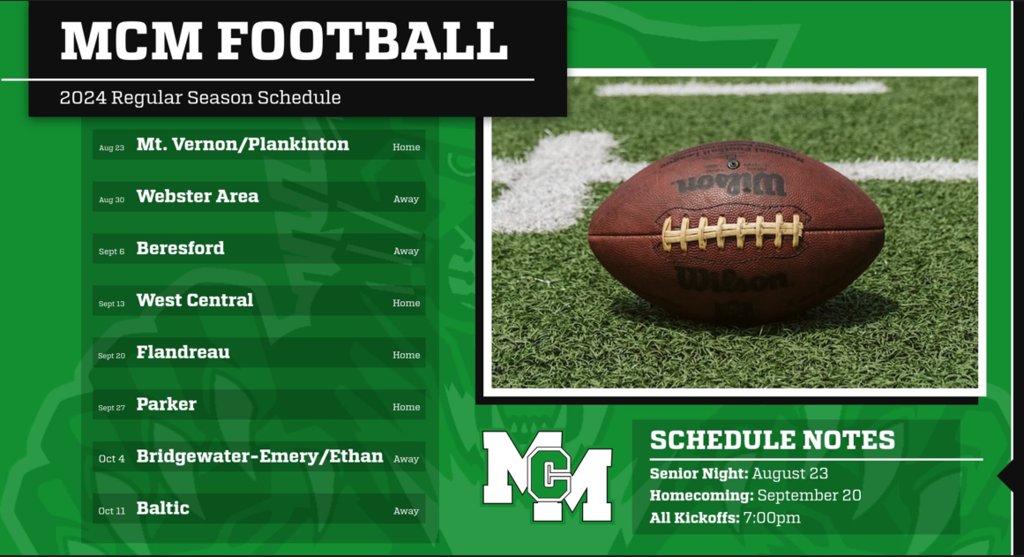 McCookCentralSD's tweet photo. Here is the MCM Football schedule for the 2024 season. https://t.co/QLj4HQziyP