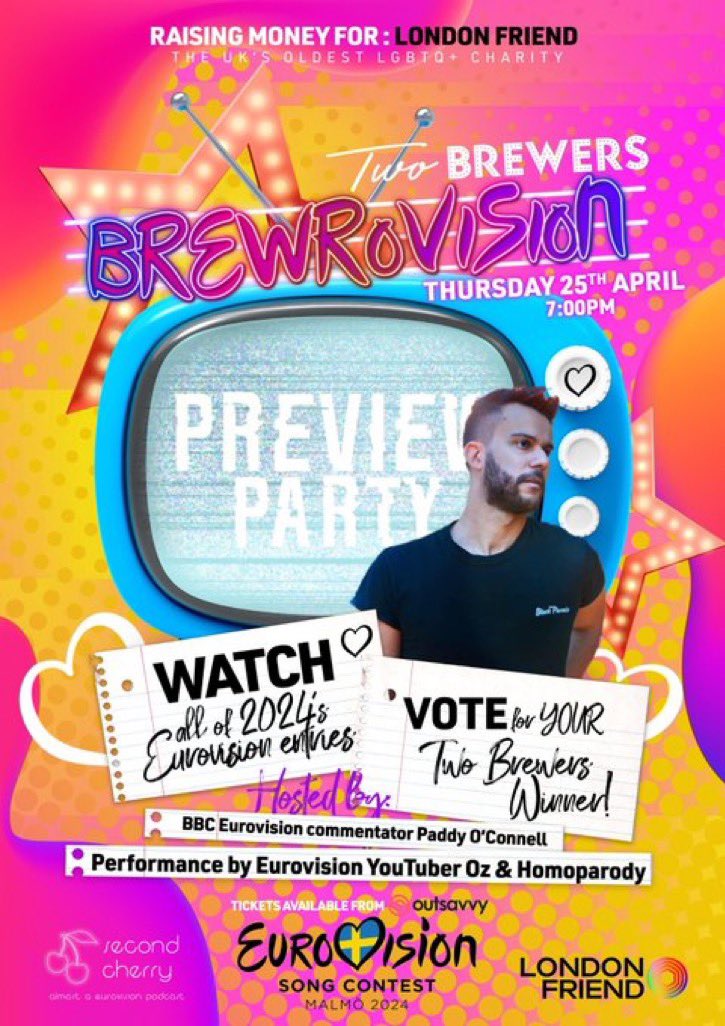 If you’re free on 25 April you might want to head over to #Brewrovision @2BrewersClapham where you can watch and vote for the #Eurovision2024 entries. It raises funds for @lgbtfriend and has performances from @onur_uz & Homoparody (@DavidAllwood_) outsavvy.com/event/19197/br…