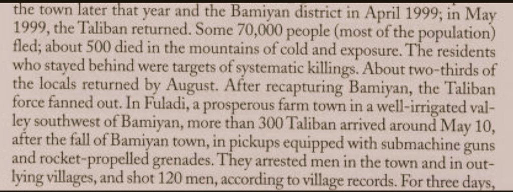In April 1999 when Taliban attacked Bamiyan, 70 thousand Hazara people were displaced, 500 Hazaras died in the mountains due to the cold weather exposure.
Taliban shot dead 120 Hazara civilians in Bamiyan 
Source:How we missed the story 
By Roy Gutman 
P. 228
#StopHazaraGenocide