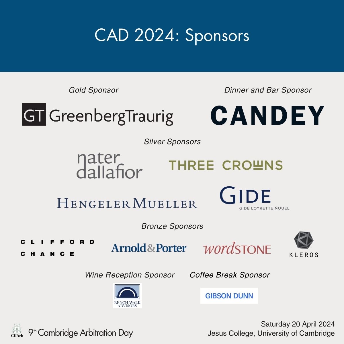 CUA_rb's tweet photo. We are deeply grateful to the firms and organisations listed below for their generous support of the 9th Cambridge Arbitration Day, coming up this Saturday!
 
#CambridgeArbitrationDay #CAD2024 https://t.co/uxIOdCBuCn