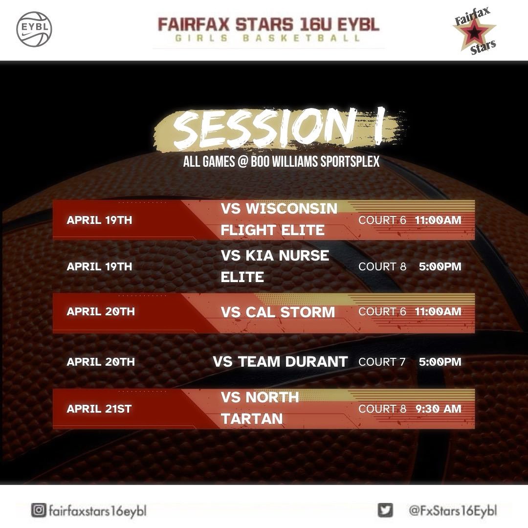 Session 1 Boo schedule! Coaches come watch this special bunch! 🌟 #nikegeybl #eybl #fairfaxstars #studentathletes #fairfaxstars16eybl