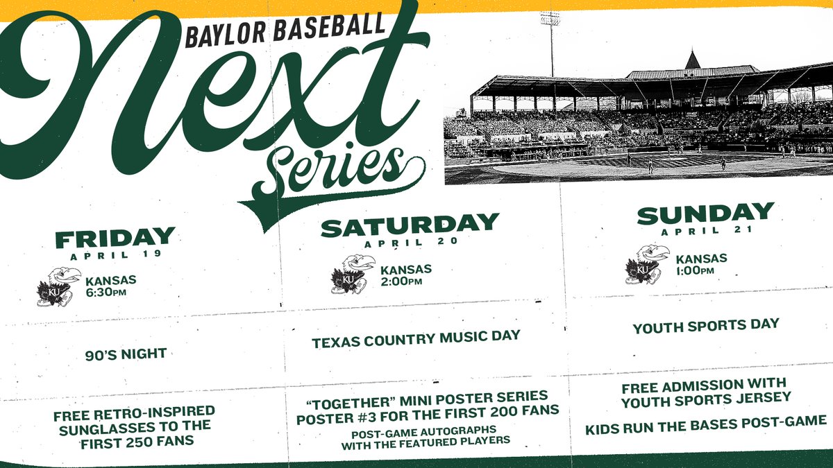 Big weekend. Need y'all at Baylor Ballpark. 💿 90's Night 🤠 Texas Country Music Day 🚩 Mini Poster Giveaway ✍️ Postgame Autographs ⚾️ Youth Sports Day #SicEm 🐻⚾️ | #Together