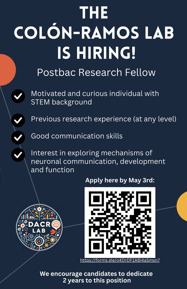 🚨POSTBAC OPENING🚨 The @dacolon lab is seeking a postbac research fellow who can dedicate 2 years to helping them study the assembly of synapses in C. elegans! 🔬🪱 The deadline is May 3rd so make sure to apply as soon as possible 🗓️ See the flyer below to learn more👇