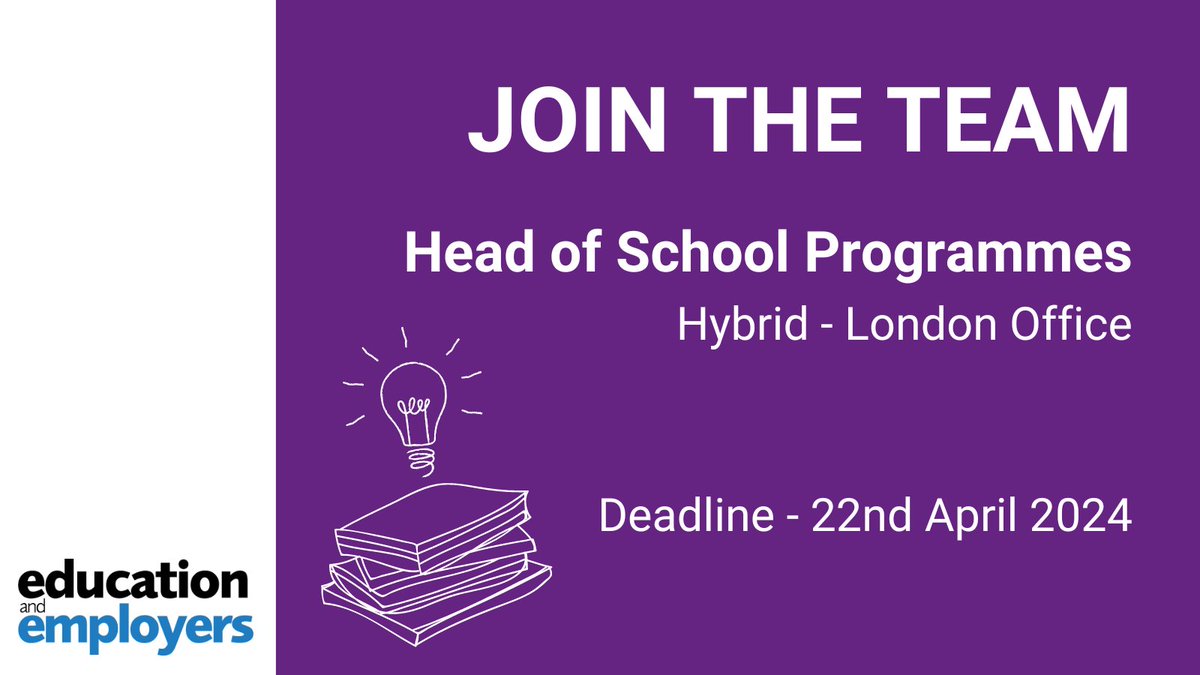 We’re looking for a new Head of School Programmes to take on a fantastic opportunity to lead a team supporting thousands of state schools to use our Inspiring the Future programme to improve outcomes for children and young people. Get inspired: educationandemployers.org/head-of-school…