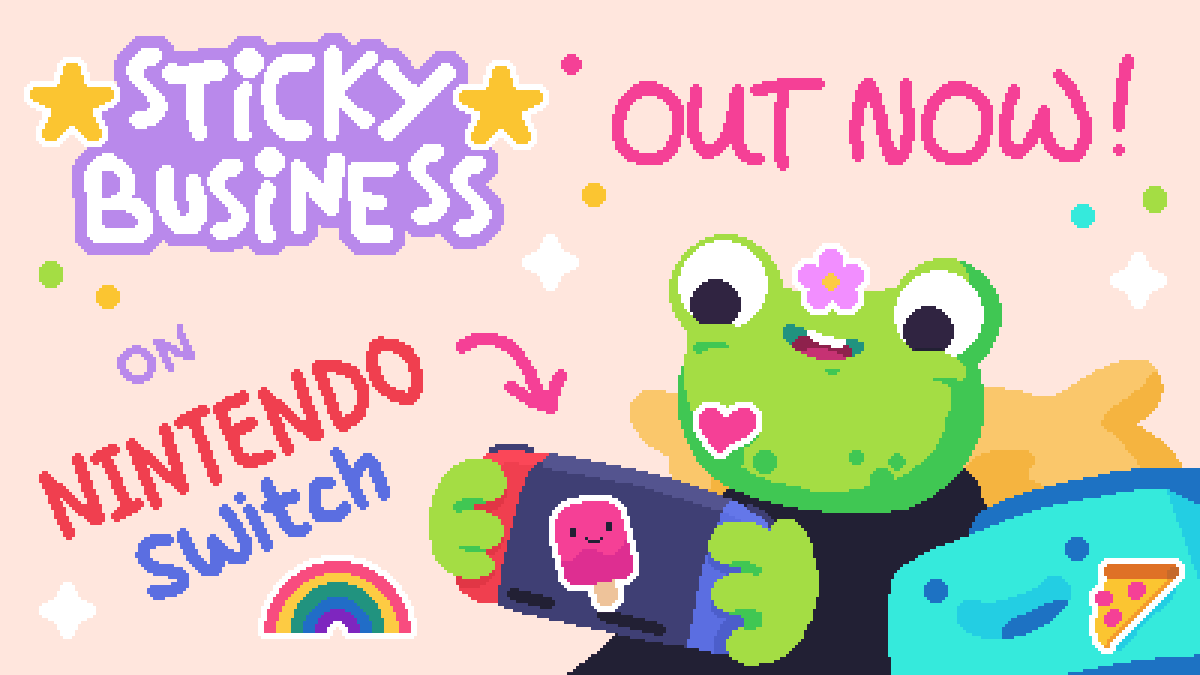 Now THIS is something many have been waiting for! ✨ The sticker shop of your dreams on console! 🐸✂️ 🥳 Sticky Business is OUT NOW on Nintendo Switch! 🥳 @NintendoAmerica @IndieWorldNA 💕