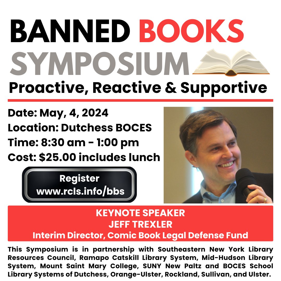 Registration for the Banned Book Symposium on May 4th at Dutchess BOCES  ends in one week. Don’t miss out! Secure your spot today for a half-day conference featuring engaging discussions on banned and challenged books and programs. #BBS #Symposium #BannedBooks