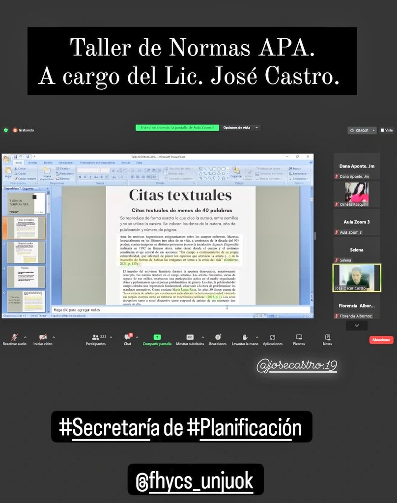 CecyCarrizo4's tweet photo. #NormasAPA
Un taller necesario para citación en textos académicos.
👦🧒 223 estudiantes conectadxs.
¡Gracias, Lic. José Castro por compartir saberes!
¡Gracias al Secretario de Planificación de la @fhycsunju Lic. @rodrigodiaz_fd por este espacio!
#fhycs #unju https://t.co/nlBTsnqBK0