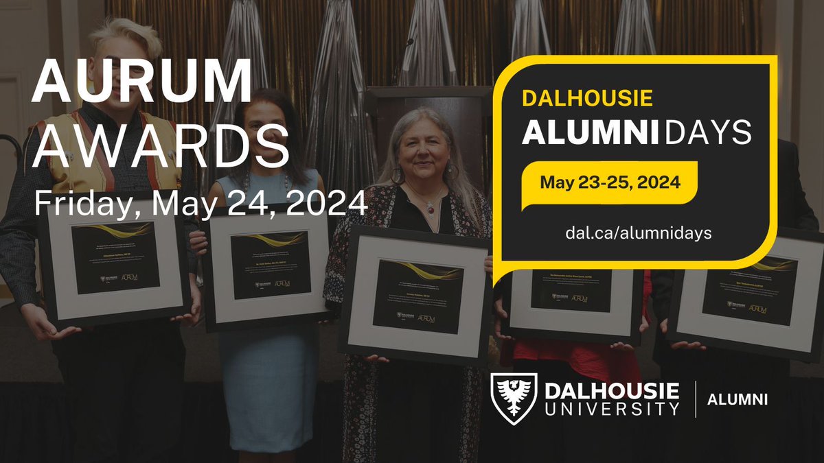 Alumni Days are fast approaching! Following the Aurum Awards on May 24, we’ll unveil this year’s winners and their incredible stories of impact, as nominated and selected by you, their fellow @dalalumni. Learn more about Dal's flagship alumni awards: bit.ly/3U3aXlk