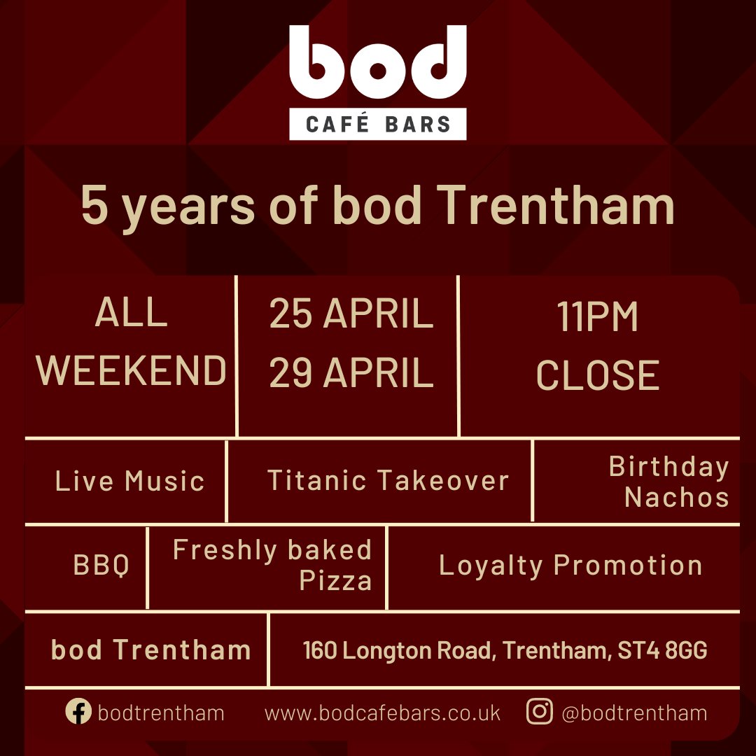 5 years of bod Trentham! Join us from Thursday 25th April - Monday 29th April to celebrate bod Trentham's 5th birthday! They have a weekend packed full of live music, menu specials & a fully stocked bar! We can't wait to see you there! #5years #bodtrentham