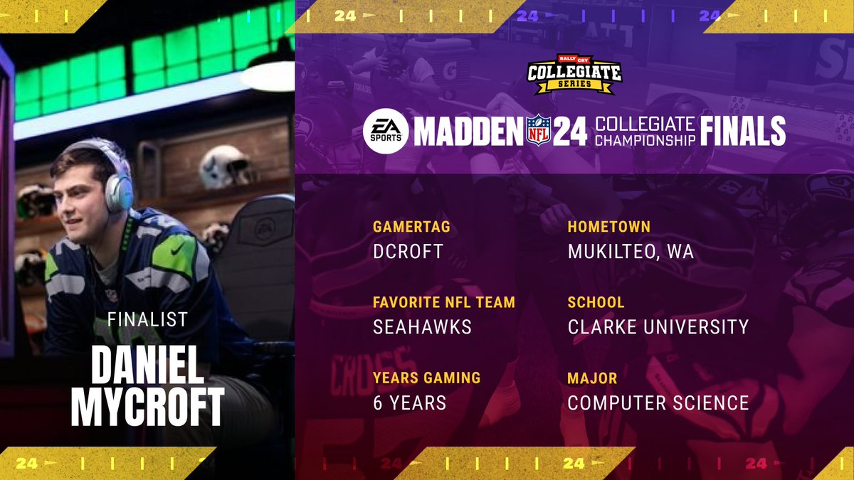 Introducing our second Madden Collegiate Championship finalist: 💫 @Dcroft 💫 Daniel has been undefeated, even winning against the #1 seed! Will he continue the win streak? Watch him live in Detroit on April 25 to find out! Get your free tickets: rally.gg/maddenfinals