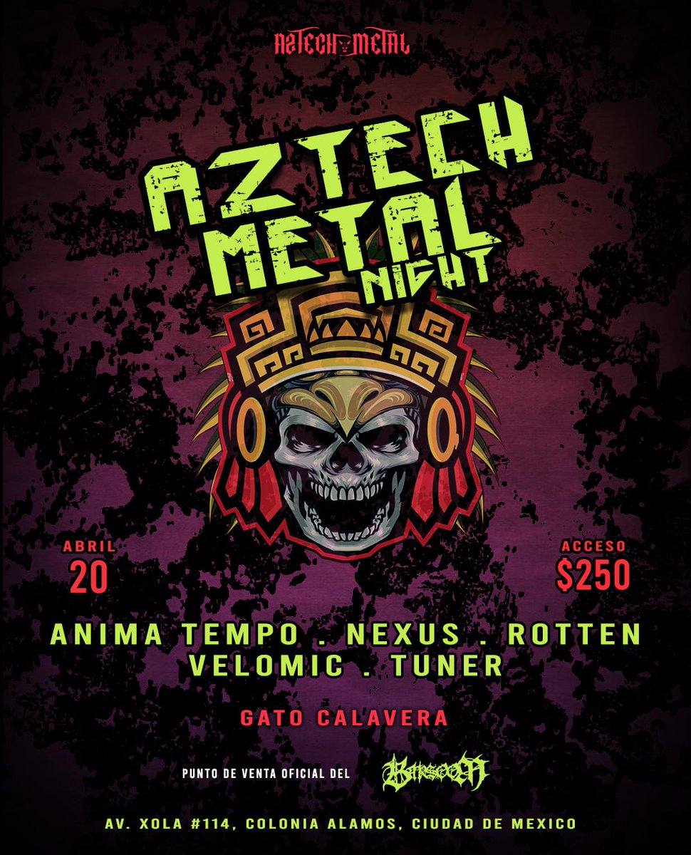 Este sábado en el <a href="/GatoCalavera/">Gato Calavera</a> , @aztechmetalmexico invita.
Boletos disponibles