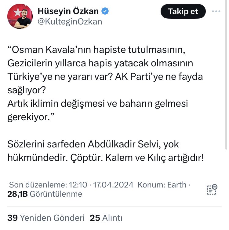 “Baharın gelmesi gerekir…” diyen Abdulkadir Selvi’ye “çöp, kılıç artığı” vs. diyerek hakaret eden MHP (mafyöz hareket partisi) sosyal medya şeysi Hüseyin Özkan bana da kısa süre önce; “KEVAŞE, OROSPU, KAHPE” diyerek hakaret etmişti… Tweet bu kadar…👇🏻