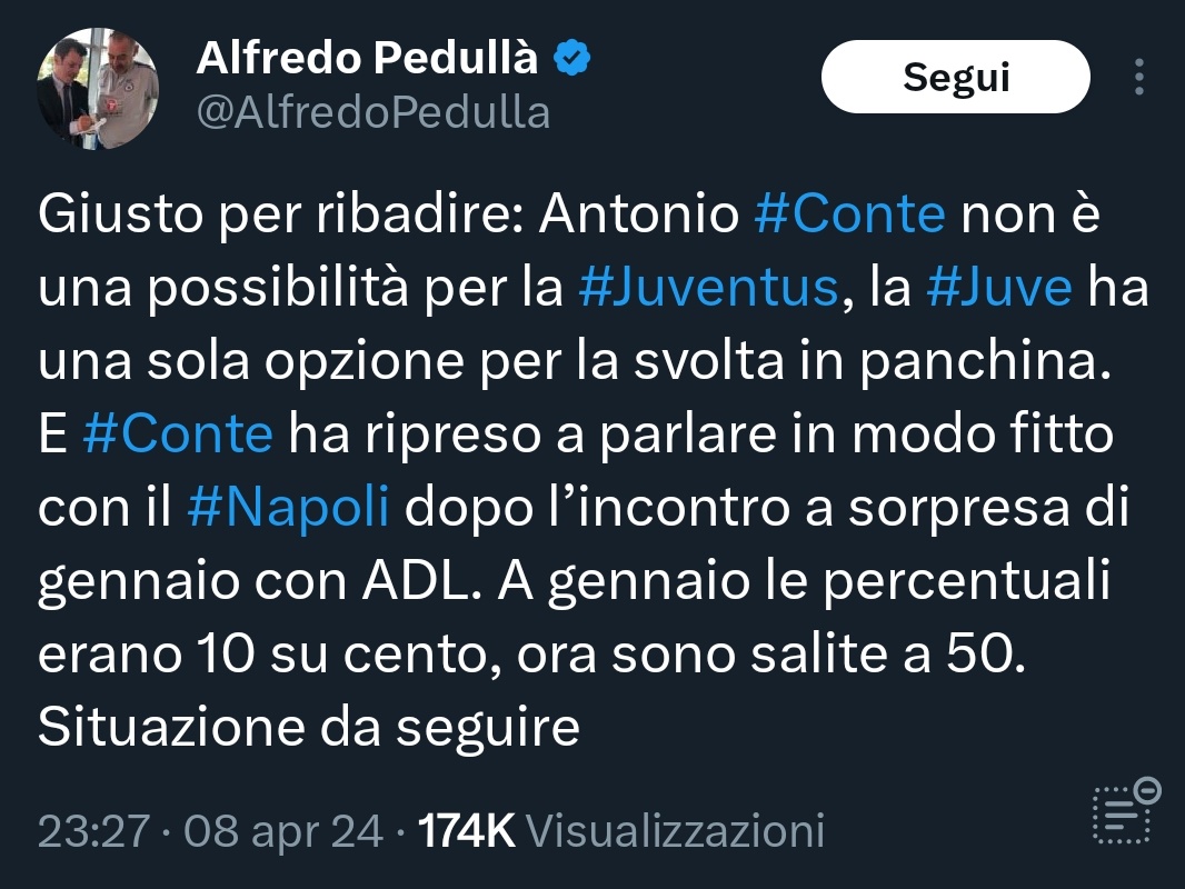 @Guidolino8 premesso come al solito che non viene mai Conte al Napoli
ma quindi Conte non si sente con ADL però sta parlando in modo fitto con il Napoli?
e con chi sta parlann co Starace?