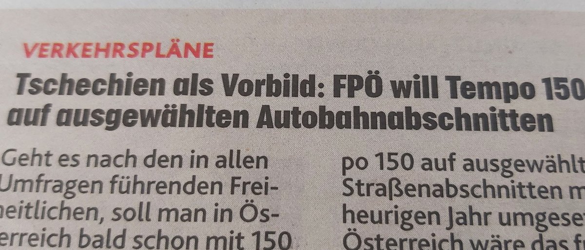 🇦🇹 Tempo 150 auf  der Autobahn wie in Tschechien

Die Chance, ein Example zu starten und prüfen ob unser Staat im Sinne des Gleichheitsgrundsatz noch funktioniert und keben uns  einmal in der Woche für Tempo 150 auf den Wiener Gürtel und blockieren Autobahnen
#Tempo150