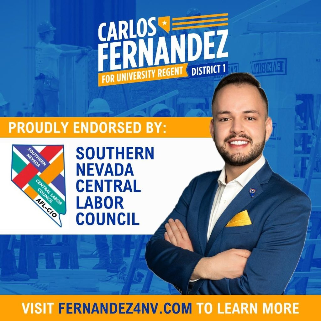 Thrilled to be endorsed by Nevada AFL-CIO’s SNVCLC! This marks a key moment in our campaign, highlighting our commitment to Nevada's workers and fair labor practices. Grateful for their trust as we work towards a thriving Nevada for all. #Fernandez4NV #NevadaStrong