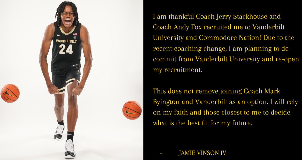 Jamie Vinson 2024 @oakhillhoops versatile Big and rim protector will request a release from his National Letter of Intent to Vanderbilt and re-open his recruitment...