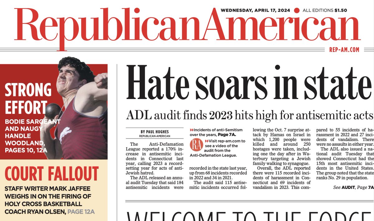 ANTISEMITISM ON THE RISE: A new report out from the @ADL_Connecticut on the rise of antisemitism in Connecticut last year; citing a series of alarming incidents statewide. Story from page one of the @Rep_Am and the report details are here: connecticut.adl.org/news/antisemit…