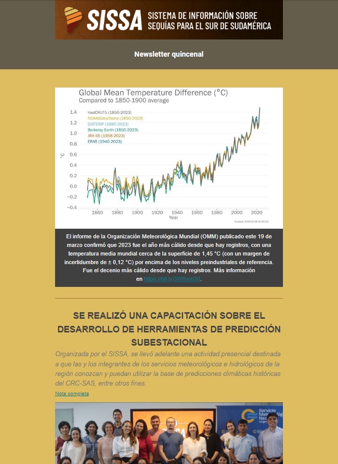 📢¡Ya está disponible una nueva newsletter del Proyecto #SISSA! 🗞️Conoce todas las novedades y el panorama completo sobre #sequías en el sur de Sudamérica. 🌎 Lee aquí la edición de la 1era quincena de abril bit.ly/4aAJEpz y suscríbete para recibir todas las novedades.