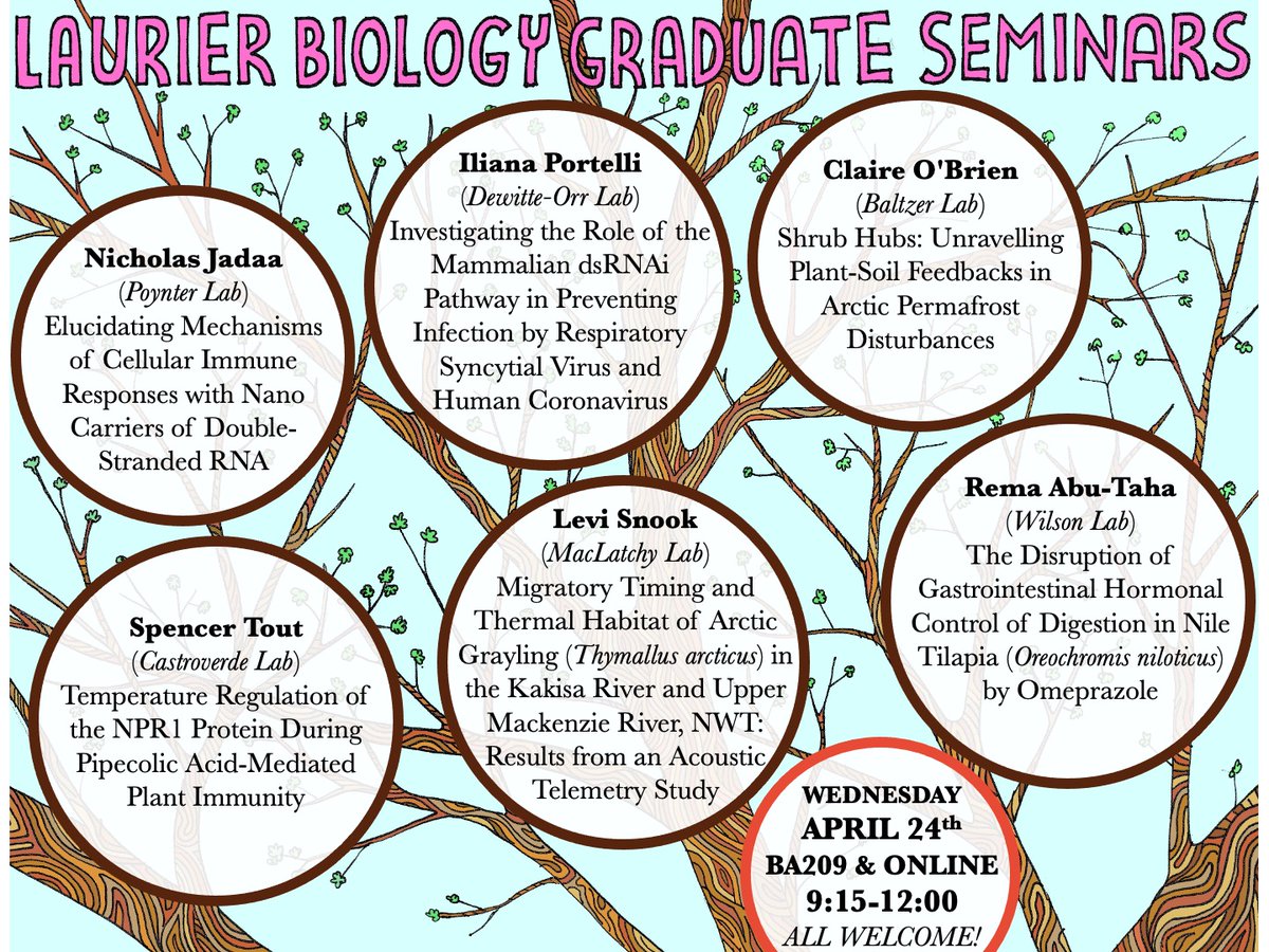 Please join us next Wednesday (in person or online) for six magnificent research talks by some of our soon-to-be-defending @Lauriergrad @WLUBGSAstudents in our #IntegrativeBiology MSc program! All Welcome! #LaurierBiology DM for Zoom link!