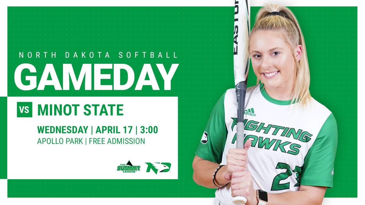 Ready for some afternoon softball? 🆚Minot State 📍Apollo Park ⏰3:00 PM 📊bit.ly/3zXzX3M ℹ️: Bring a food donation and get a free cookie! #UNDproud | #LGH