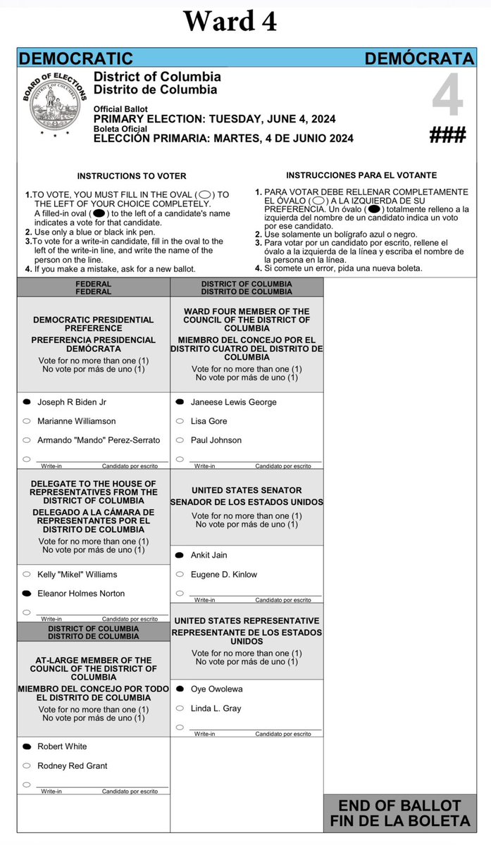 Sample ballots are out for the District’s June 4 Democratic primary! Here are my picks for my Ward 4 ballot! #DCision24