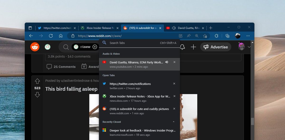 Tip for anyone who runs with a lot of browser tabs: If you use Edge, Chrome, or any Chromium based browser, you can press CTRL + Shift + A to search your open and recently closed tabs The ones playing audio or video are listed at the top