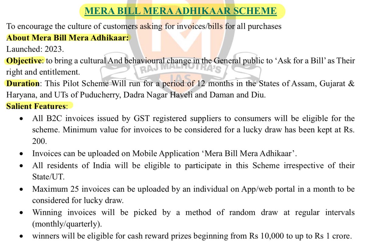 🟢 These 5 New Schemes are extremely important for upcoming Prelims exam.
#UPSCPrelims2024 

1. Mera Bill Mera Adhikar Scheme
2. PM SHRI SCHEME
3. Digital India RISCV Program
4. PM JANMAN Scheme
5. Samarth Scheme

Revise in 🧵given below
Follow @Rajmalhotrachd for daily Prelims