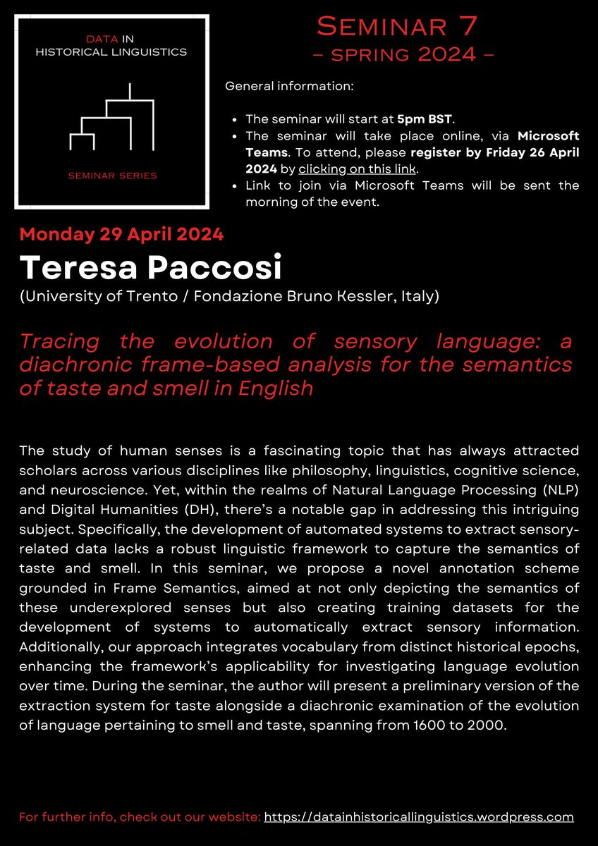 Andrea Farina (@imandreafarina) on Twitter photo Data, data, data! On 29 April, <a href="/paccosi_teresa/">Teresa Paccosi</a> (University of Trento/Fondazione Bruno Kessler) will speak of 'Tracing the evolution of sensory language: a diachronic frame-based analysis for the semantics of taste and smell in English'.
Register here: forms.gle/GdTB4breYmW4mK…. Data, data, data! On 29 April, <a href="/paccosi_teresa/">Teresa Paccosi</a> (University of Trento/Fondazione Bruno Kessler) will speak of 'Tracing the evolution of sensory language: a diachronic frame-based analysis for the semantics of taste and smell in English'.
Register here: forms.gle/GdTB4breYmW4mK….