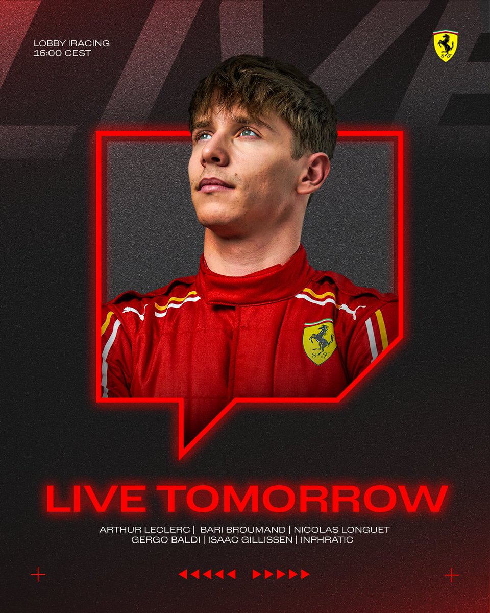 Plans tomorrow? Cancel them! Get ready for open lobby @iracing with 🤝 @arthur_leclerc7 Tomorrow. 16:00 [CEST] on Twitch. You don’t want to miss this. 🔗 twitch.tv/ferrariesports #FerrariEsports