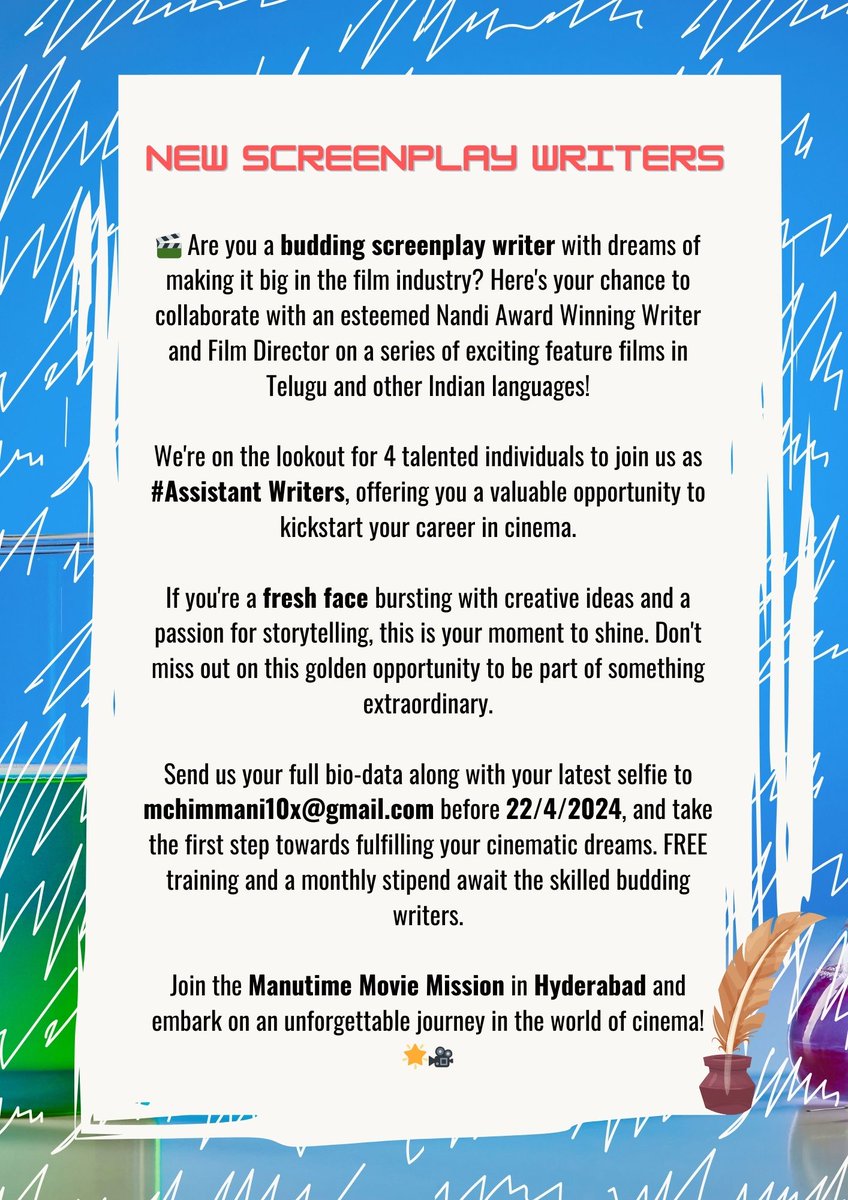 Grab the opportunity, dear #NewTalent !! 
.
.
.
#NewWriters #NewScreenplayWriters #ScreenplayWriters #BuddingWriters #UpcomingWriters #Tollywood #TeluguFilms #AssistantWriters #FREETraining #FilmChance #ManutimeMovieMission #ManoharChimmani #FreshFace #ScriptWriters