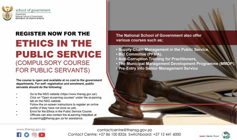Ethics foster growth on both a personal and professional level and help to establish a pleasant work atmosphere and trust. Register today for free online: elearning.thensg.gov.za/elearning2/log… P.S. Available to public sector employees. @GovernmentZA @DpmeOfficial @LetsTalkGovApp @thedpsa