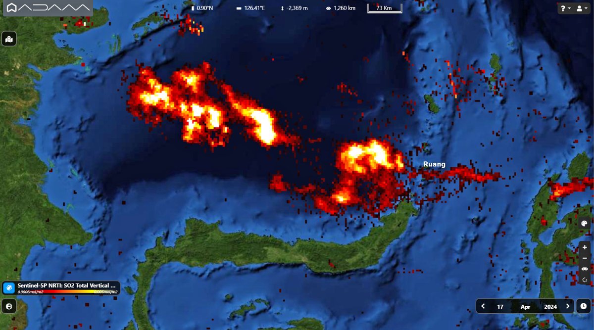 The eruption, after 20 years, of the #Ruang #Volcano in #Indonesia from space. #Sangihe The #Copernicus #Sentinel5p #tropomi detected on April 17th the SO2 plume. @id_magma @PendakiJakarta @infomitigasi