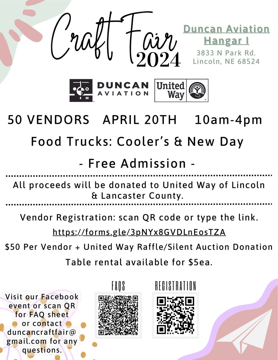 Lincoln, NE | The 2024 United Way Craft Fair is this Saturday, April 20th, from 10am-4pm. We can't wait to see you there! Learn more: fb.me/e/5aDw8gYxP #DuncanAviation