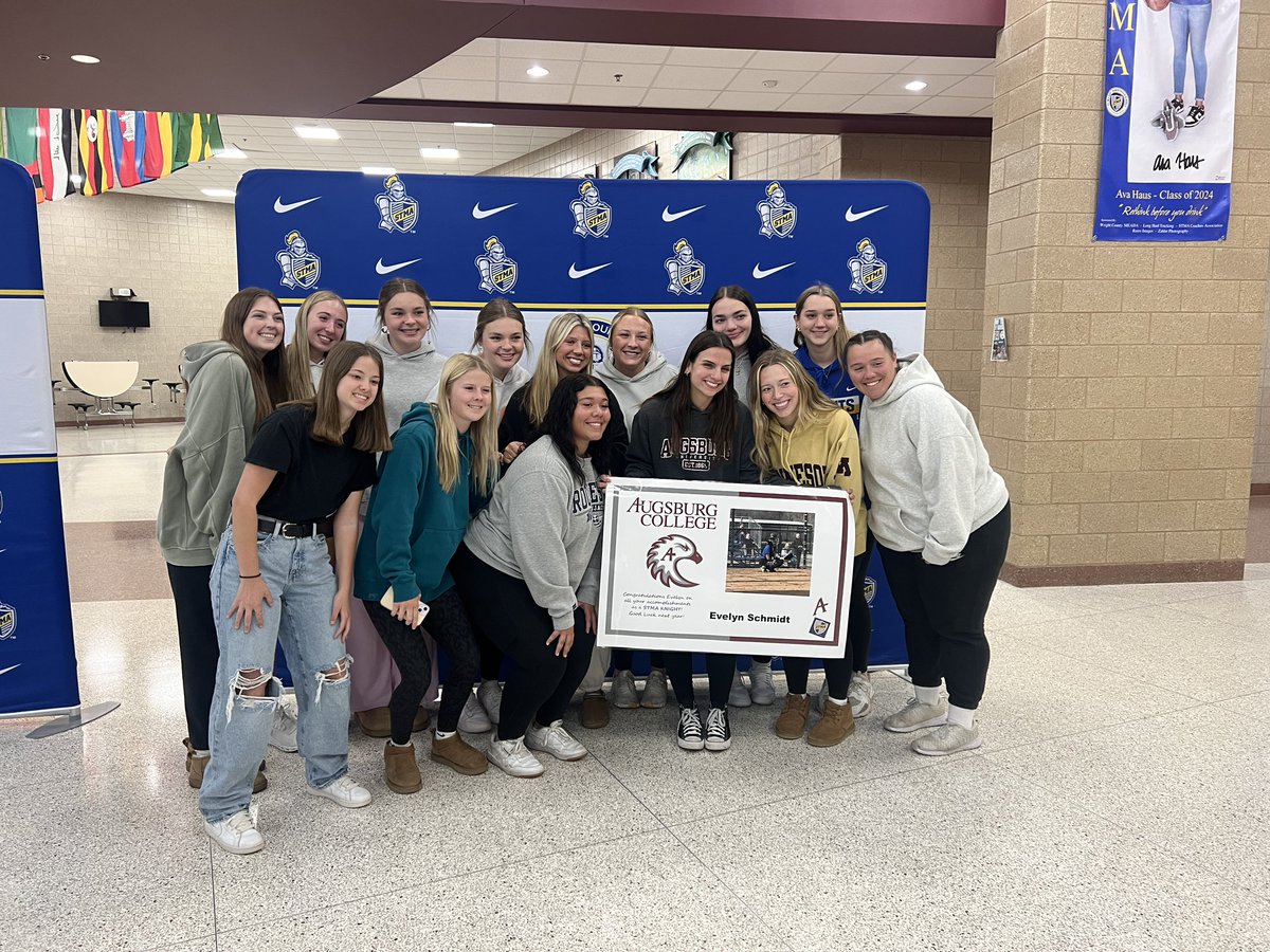 softballstma's tweet photo. Congratulations to Evelyn Schmidt as she officially signs to compete at the next level for Augsburg Softball! We are so proud of you, Ev! https://t.co/5YBG2YFruw