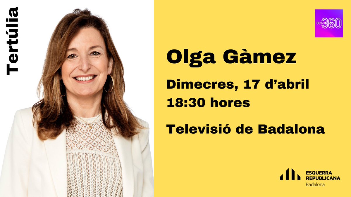 📺 Avui, dimecres a partir de les 18:30h, l’@OlGamezVera, portaveu del grup municipal d’Esquerra Republicana, participarà de la tertúlia del @BadalonaTres60. ‼️La podràs seguir per la Televisió de Badalona.