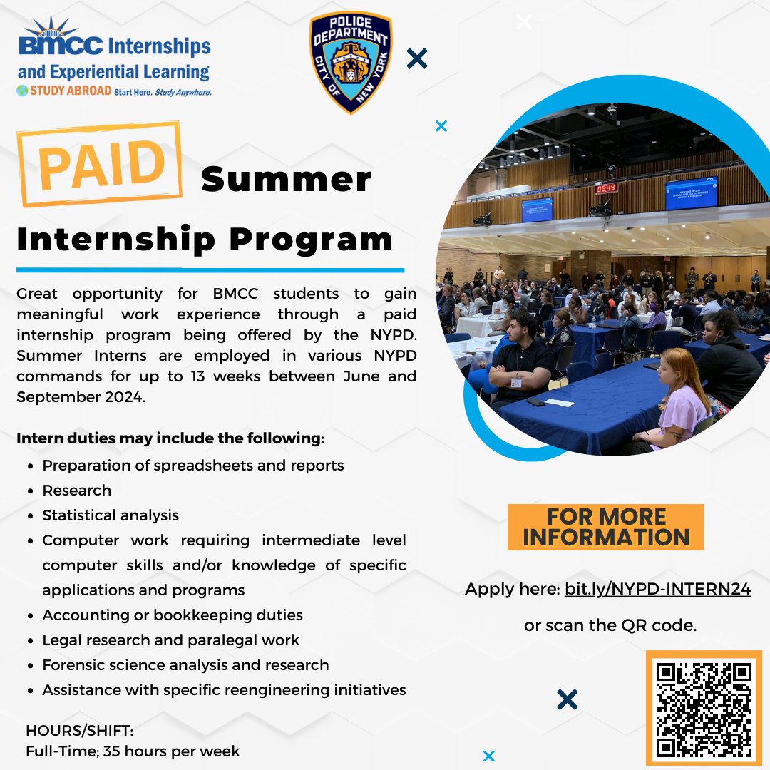 NYPD Summer Paid Internship Program! 

To Learn More Visit: bit.ly/NYPD-INTERN24

#cuny #bmcc #intern #criminaljustice #paidintern #nypd #legal #Accounting #forensics #research #bookeeping