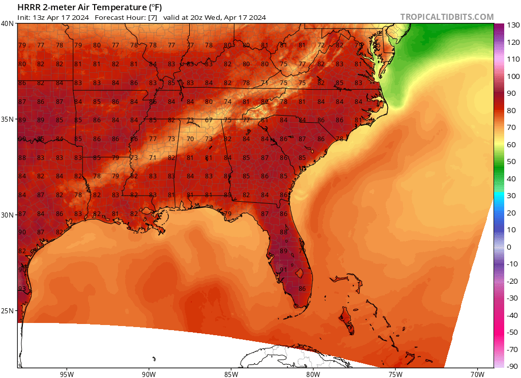 Rinse and repeat today with highs a degree or two higher. The sea breeze will form once again cooling the coasts off by a couple degrees, but no rain is expected to form.
#WeatherReady #weekendvibes #weather #windy #WeatherUpdate #wildfire #april #warmweather #floridalife