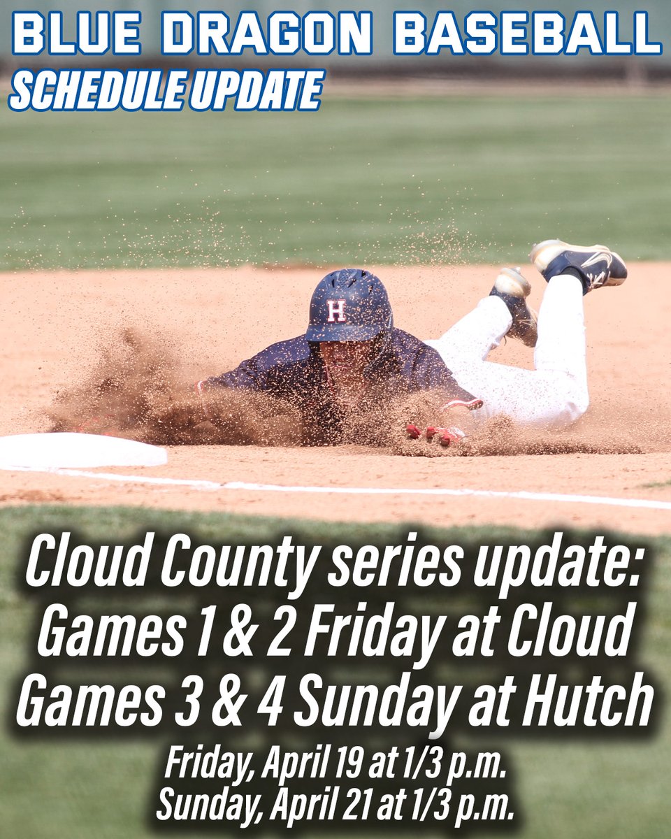 Baseball update ⚾️

The @BlueDragonBSB-Cloud County series has been moved to a Friday/Sunday series with games on Friday in Concordia and on Sunday in Hutchinson. #BreatheFire