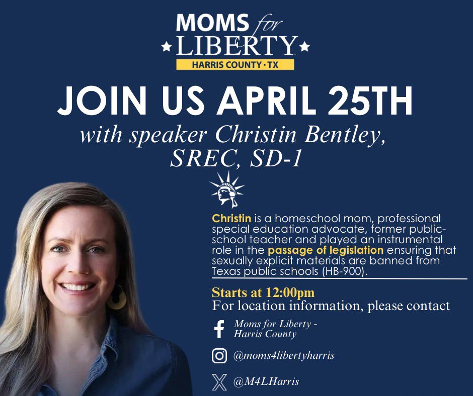 Join us for our next chapter meeting featuring Guest Speaker Christin Bentley! Spots are limited! See RSVP Link below to sign up. #moms4liberty #parentalrights #harriscounty @htxkidsfirst @PIPElineSBISD @Moms4LibertyGC @Moms4Liberty docs.google.com/forms/d/e/1FAI…